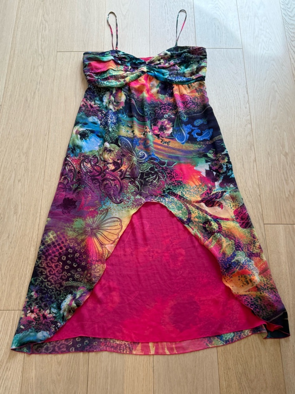 Mario Serrani Multicolor High-Low Dress Abstract Floral Strappy Size 14 Vintage - Picture 3 of 6